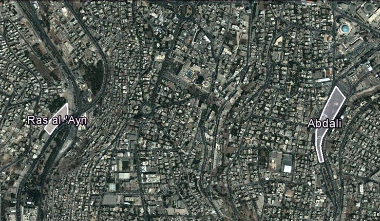 مقارنة لحجمي سوق العبدلي وسوق راس العين عبر Google Earth