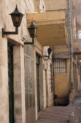 Three street lamps in an old neighborhood in Jabal Amman